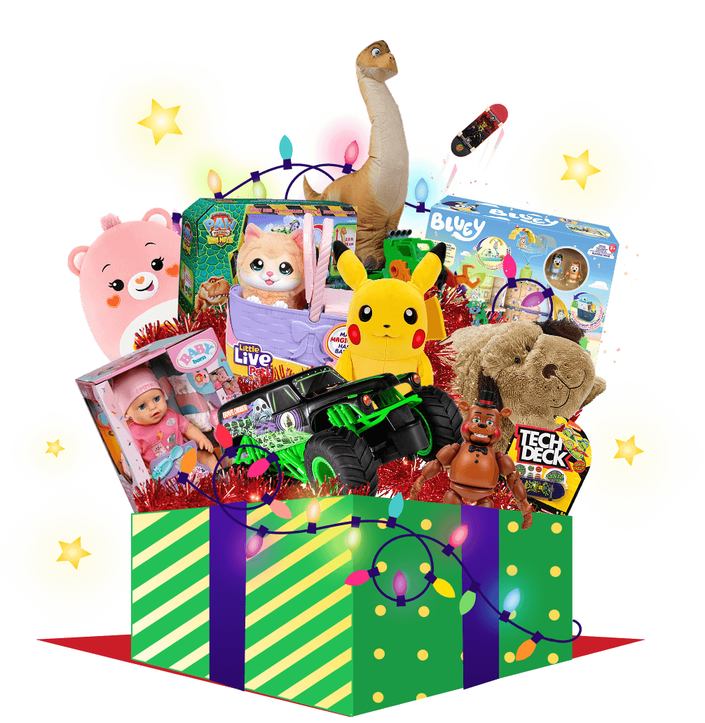 A present box overflowing with toys